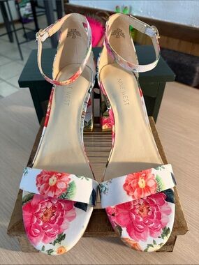Nine West Floral Open-Toe Ankle-Strap Block Heels in Pink and Green